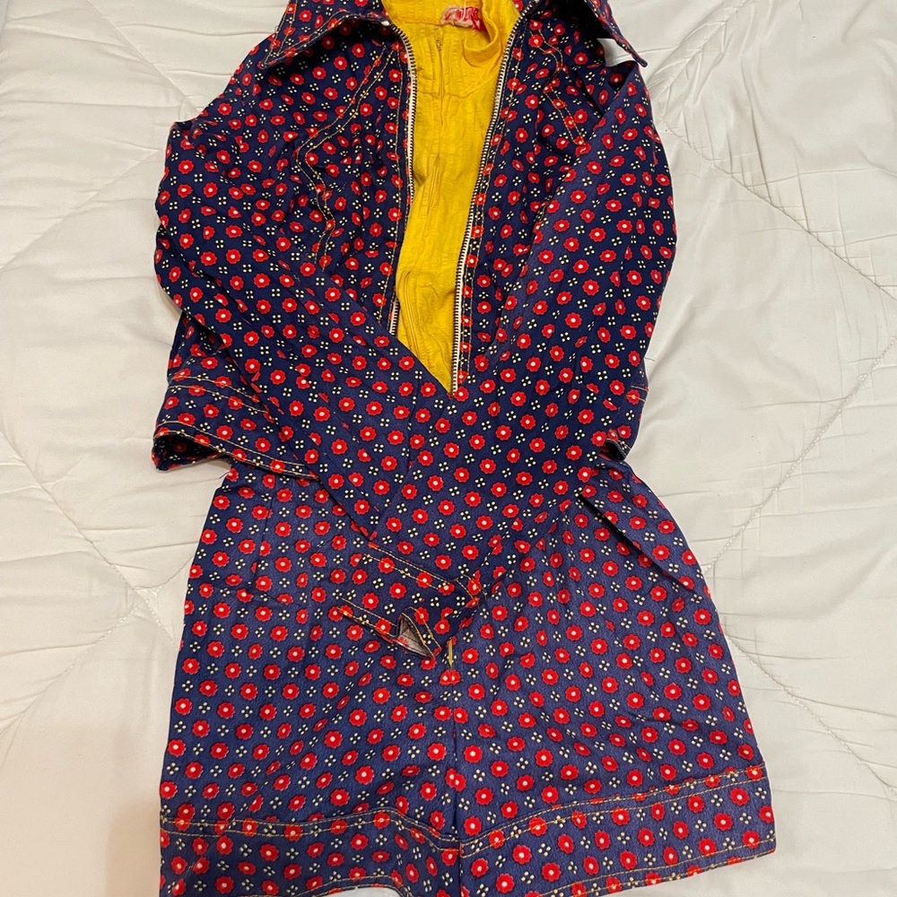 Vintage Navy and Red Patterned Jumpsuit with Yellow Accent